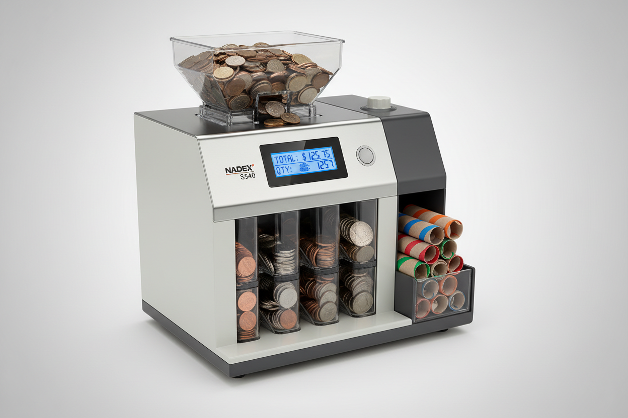 Nadex S540 commercial coin sorter machine for business with automatic denomination sorting and deposit-ready coin wrapping