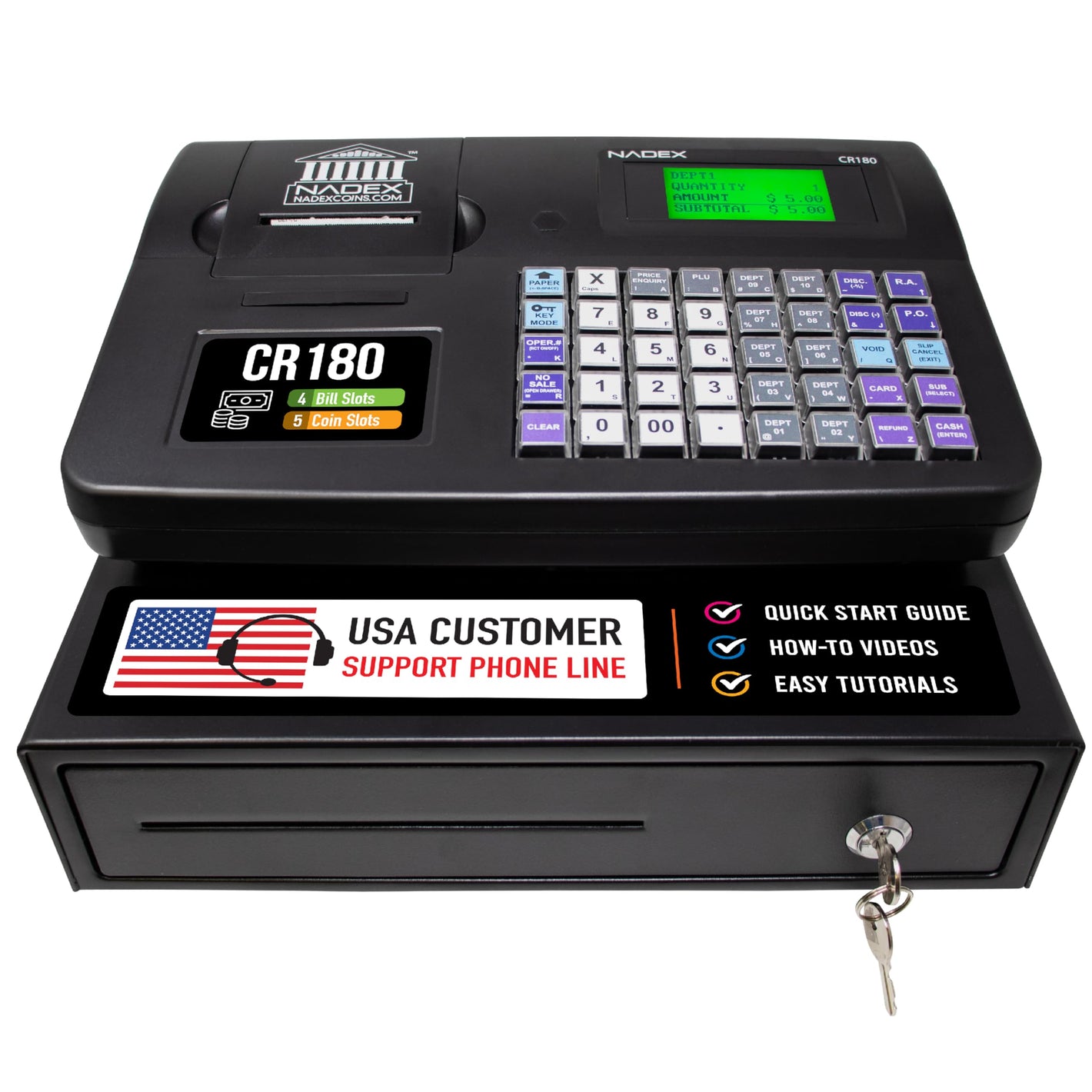 Nadex CR180 Cash Register, 6800 Price Lookups 60 Dept, Cash and Coin Drawer, Black