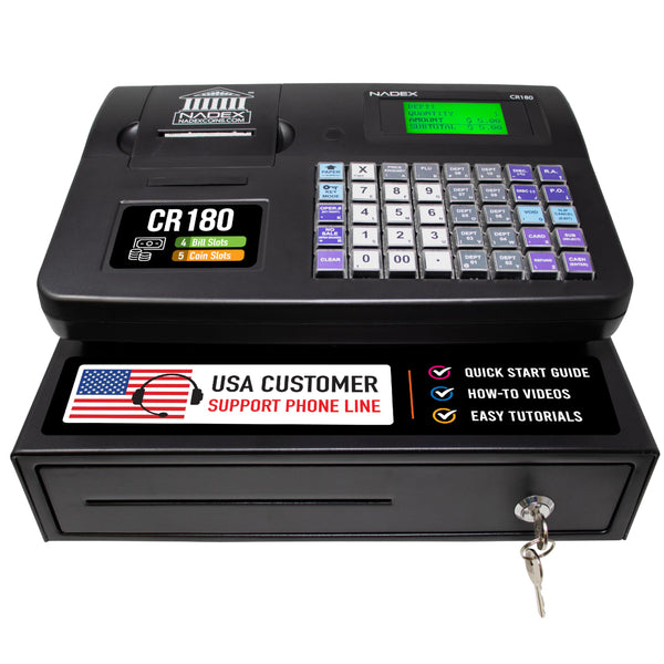 Nadex CR180 black cash register with cash and coin drawer front view