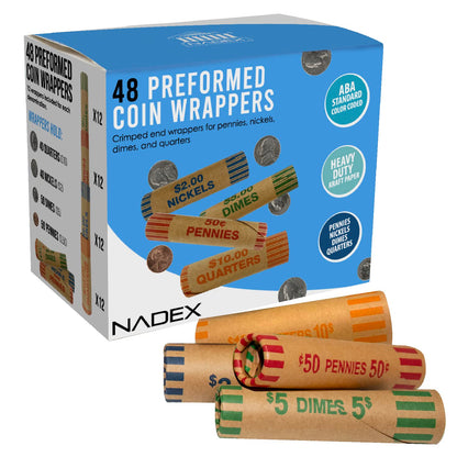 Nadex 48 Assorted Preformed Crimped End Coin Roll Wrappers, 12 Each of Nickels/Dimes/Pennies/Quarters