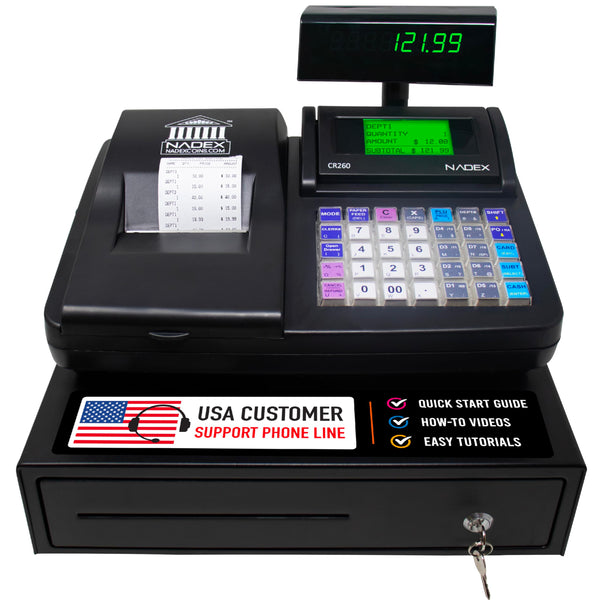 Nadex CR260 cash register with steel drawer and fast printing front view