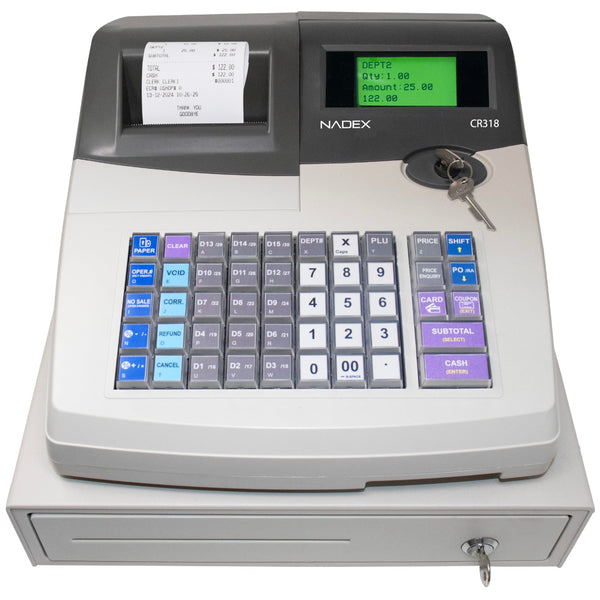 Nadex CR318 cash register with thermal printer and steel drawer front view