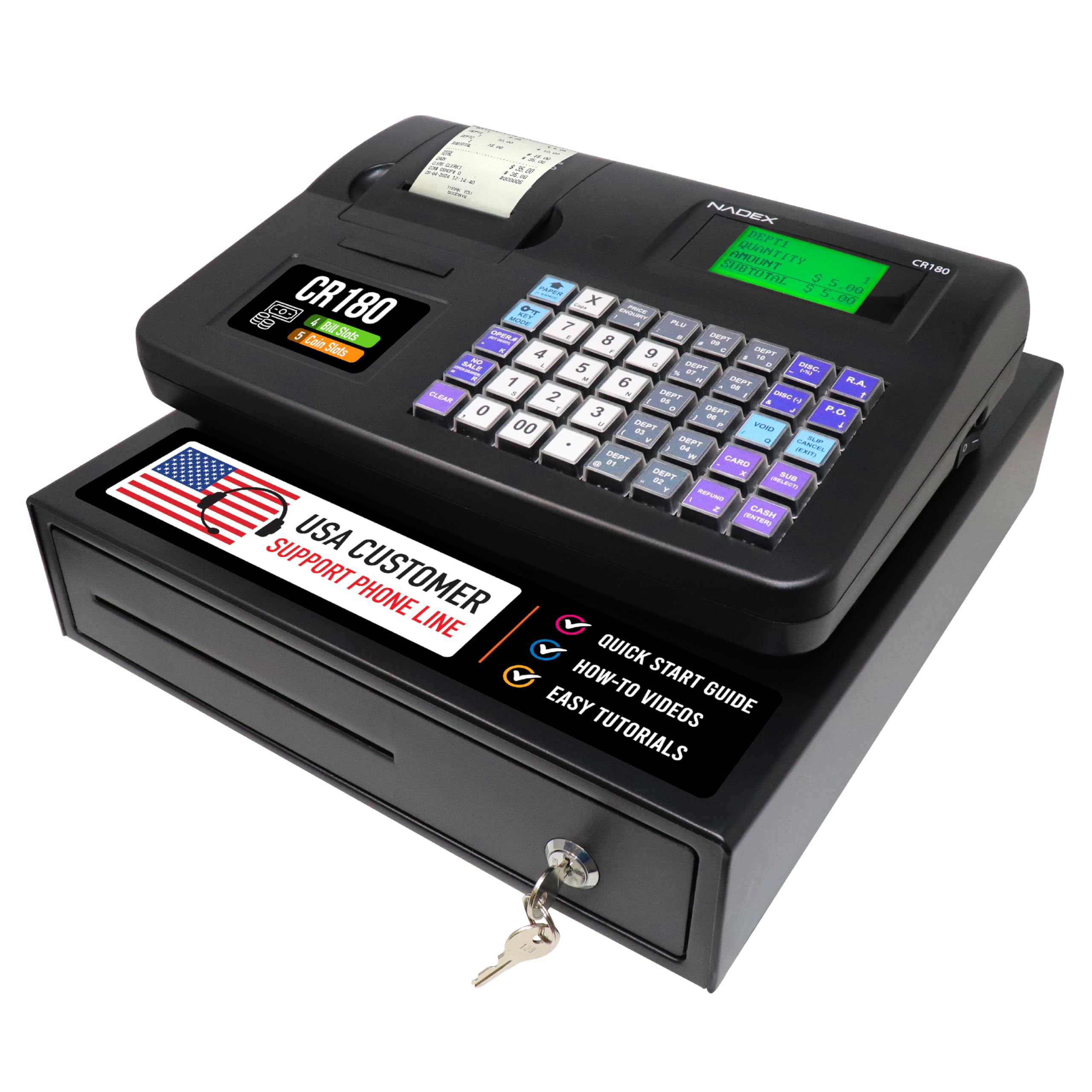 Nadex CR180 Cash Register, 6800 Price Lookups 60 Dept, Cash and Coin D