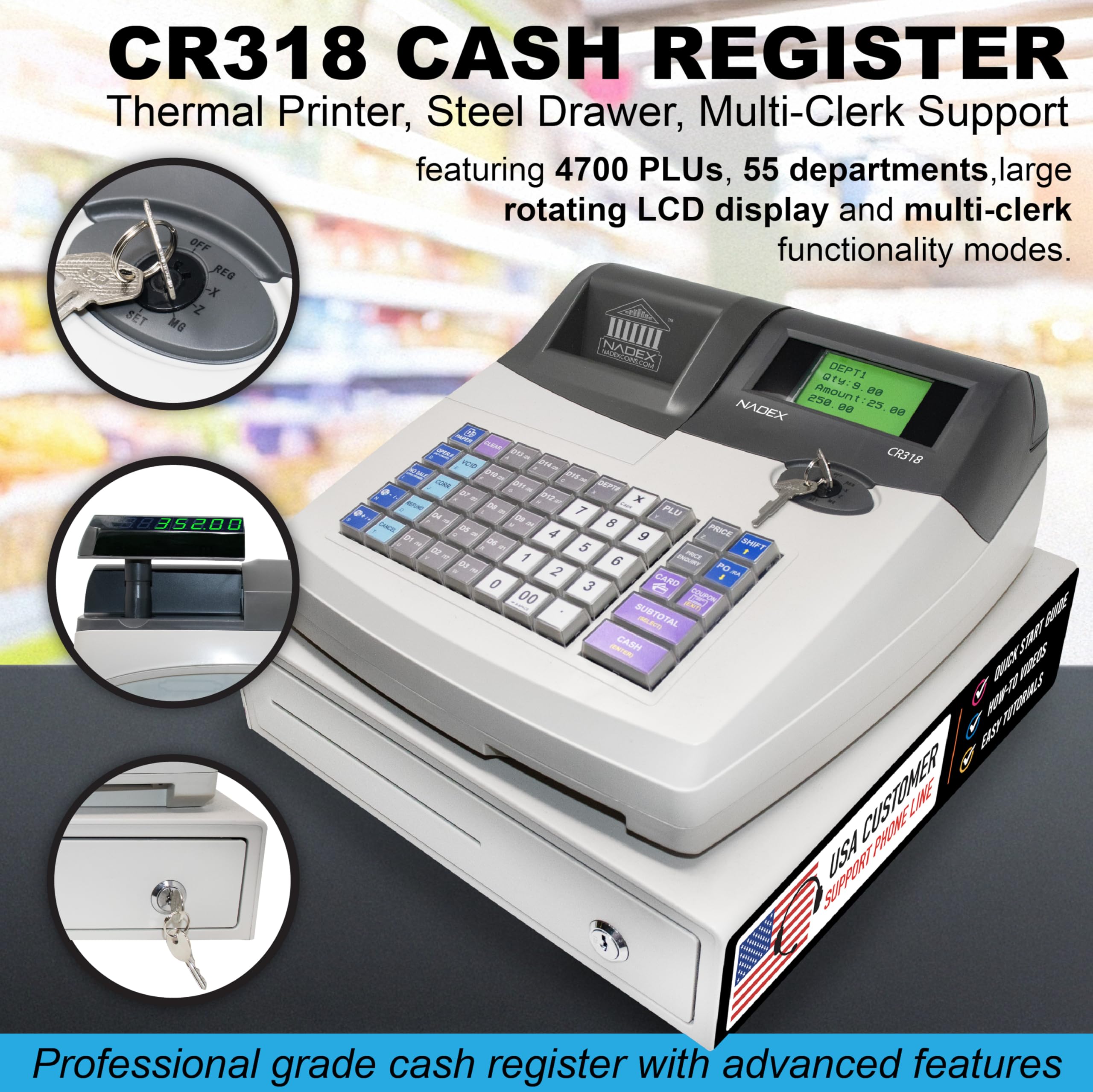 Nadex CR318 Cash Register, Thermal Printer, Steel Drawer, Multi-Clerk