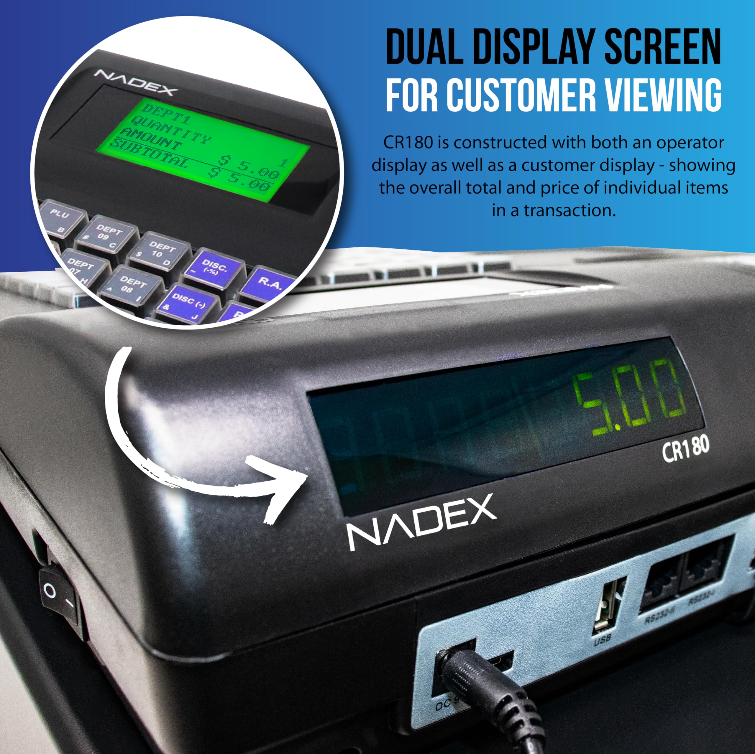 Nadex CR180 Cash Register, 6800 Price Lookups 60 Dept, Cash and Coin D