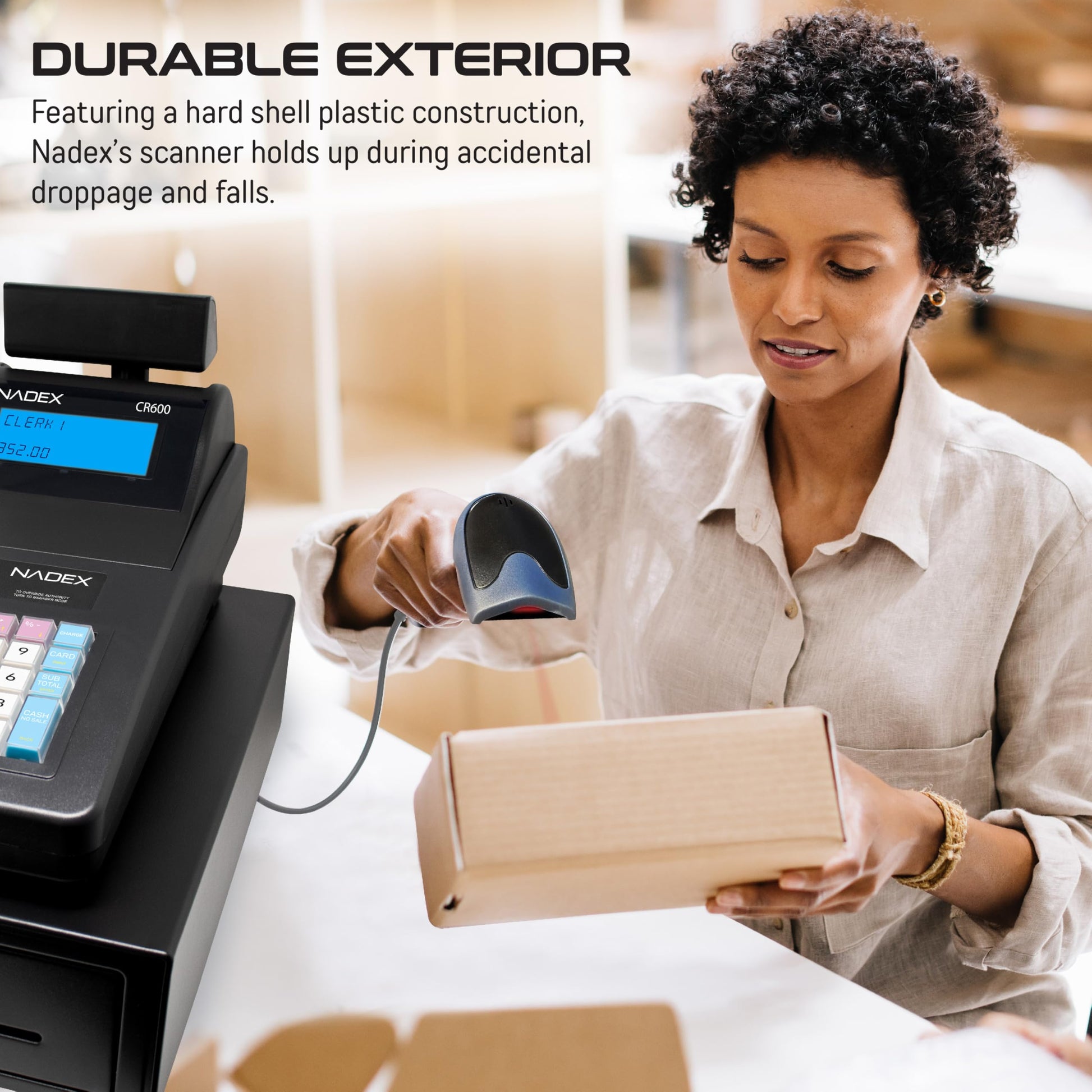 Nadex handheld barcode laser scanner packaging and accessories