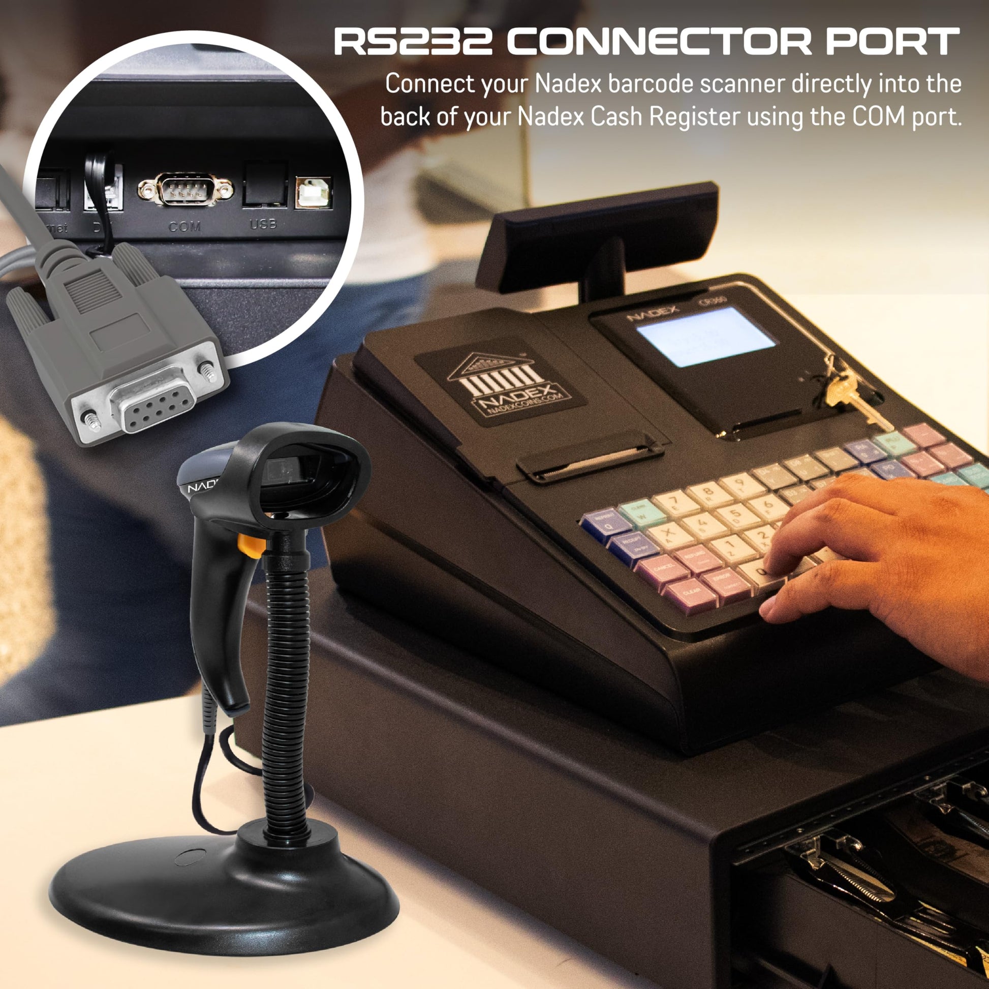 Nadex handheld laser scanner connected to cash register