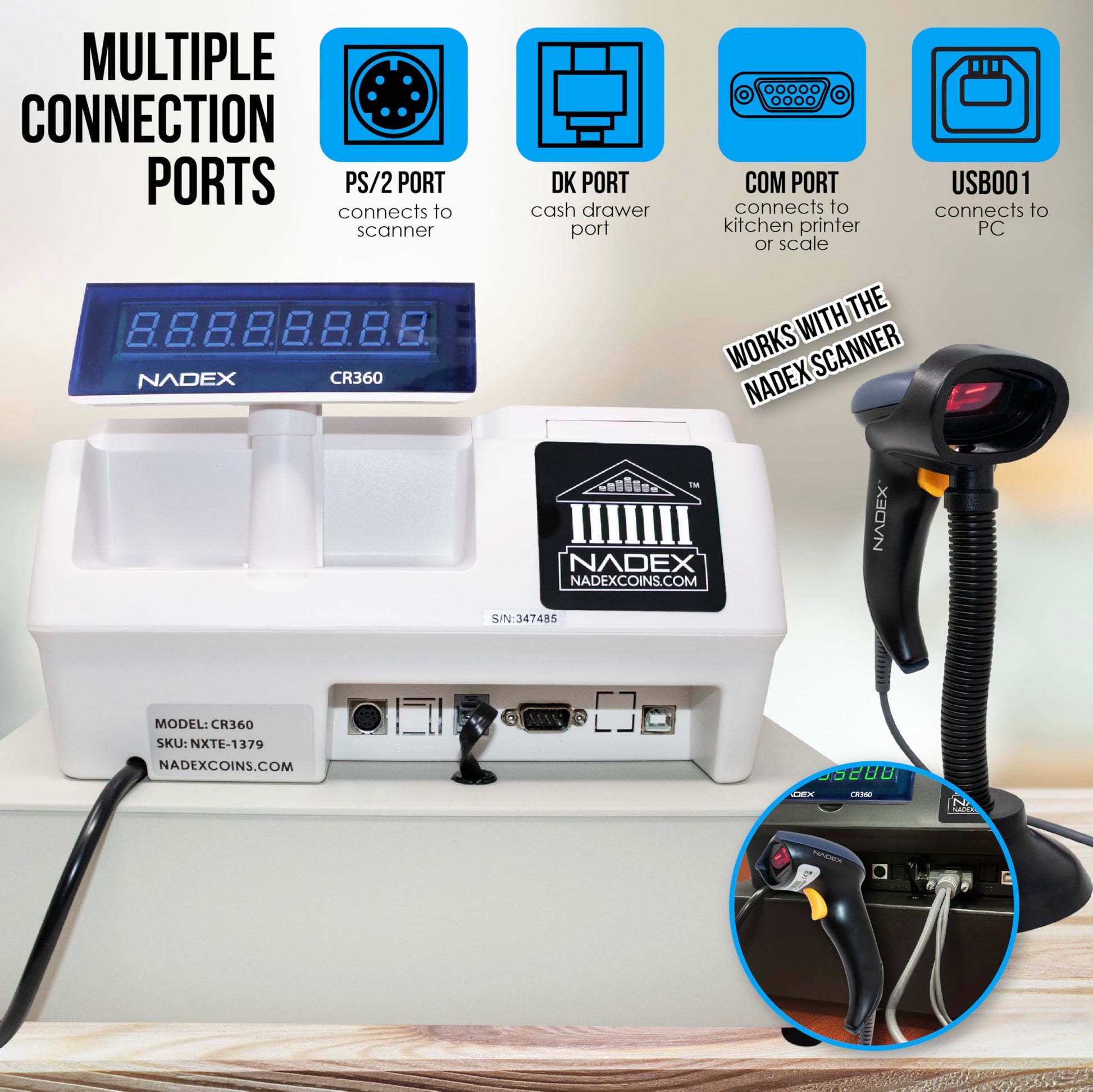 Nadex CR360 cash register keypad and thermal printer close-up