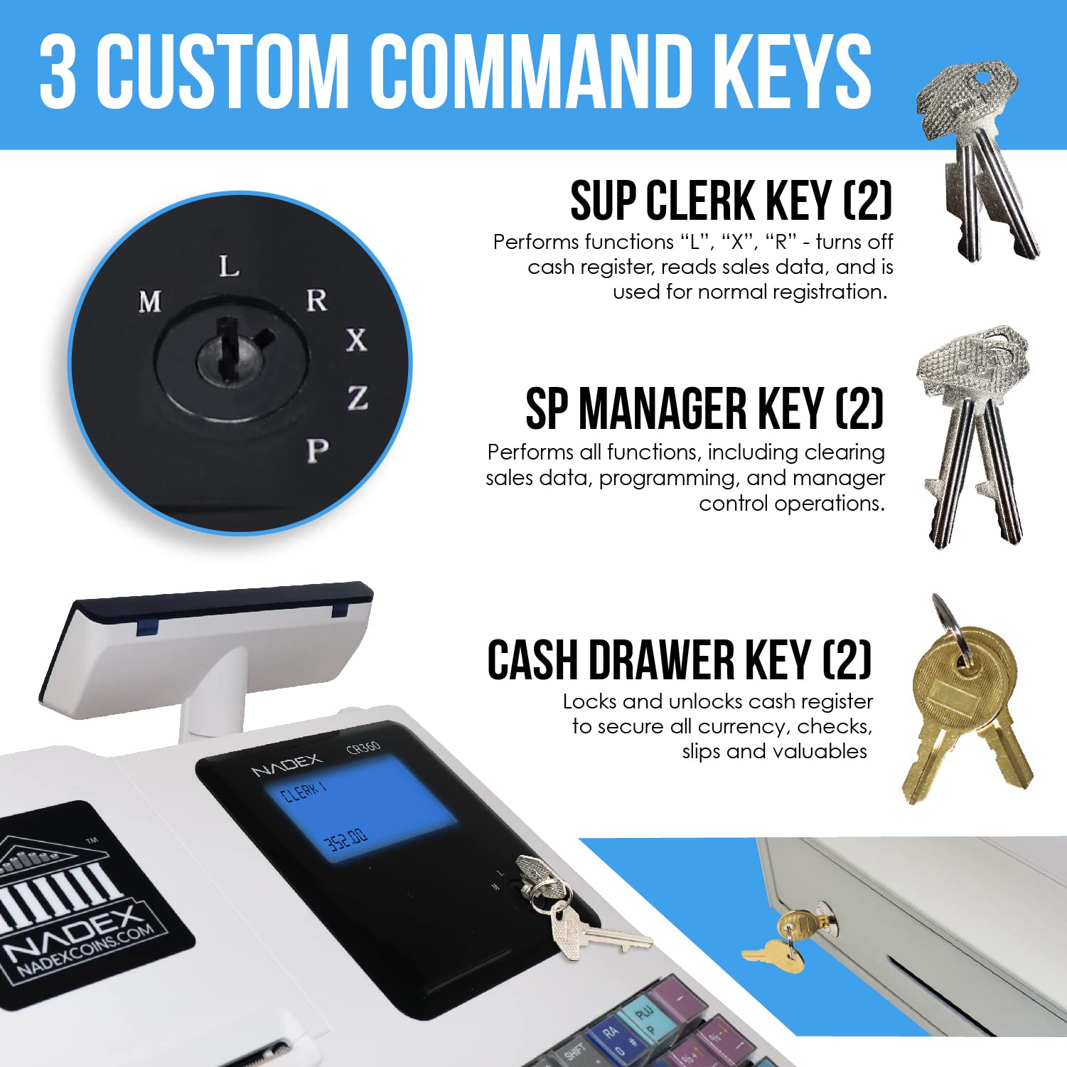 Nadex CR360 electronic cash register LCD display and operator keys