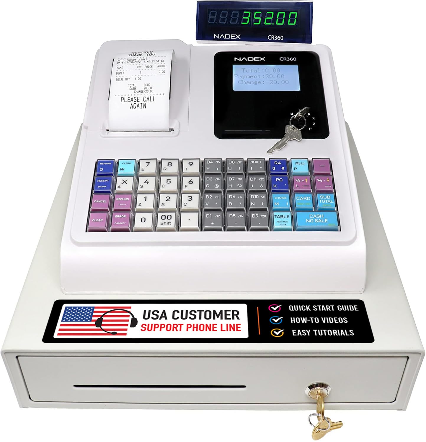 Nadex CR360 cash register steel drawer open with cash tray
