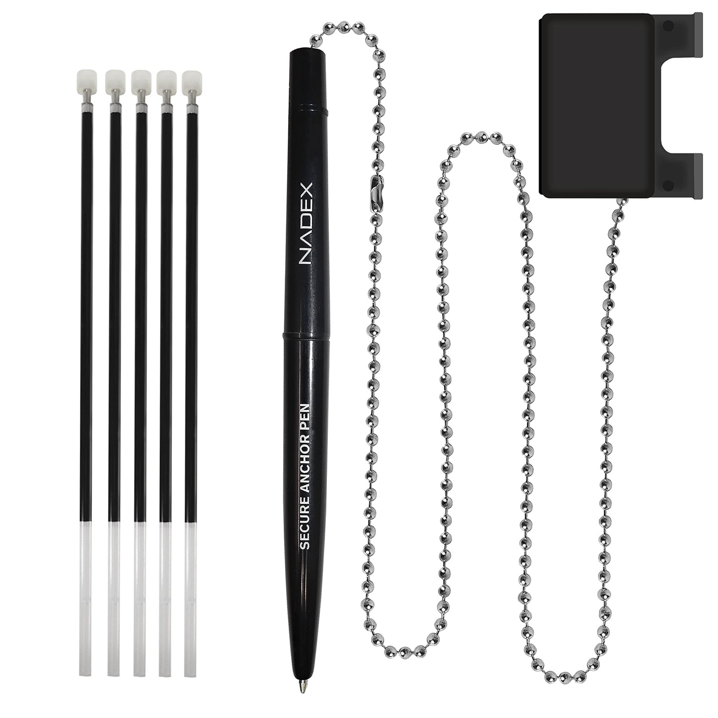Ball and Chain Security Pen Set | 4 Pens, 1 Adhesive Mount, and 5 Refills (Black)