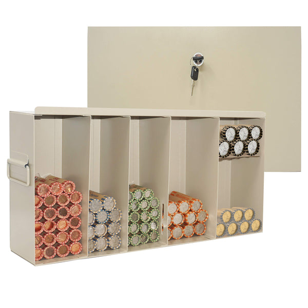 Nadex rolled coin box for storing and organising wrapped coin rolls