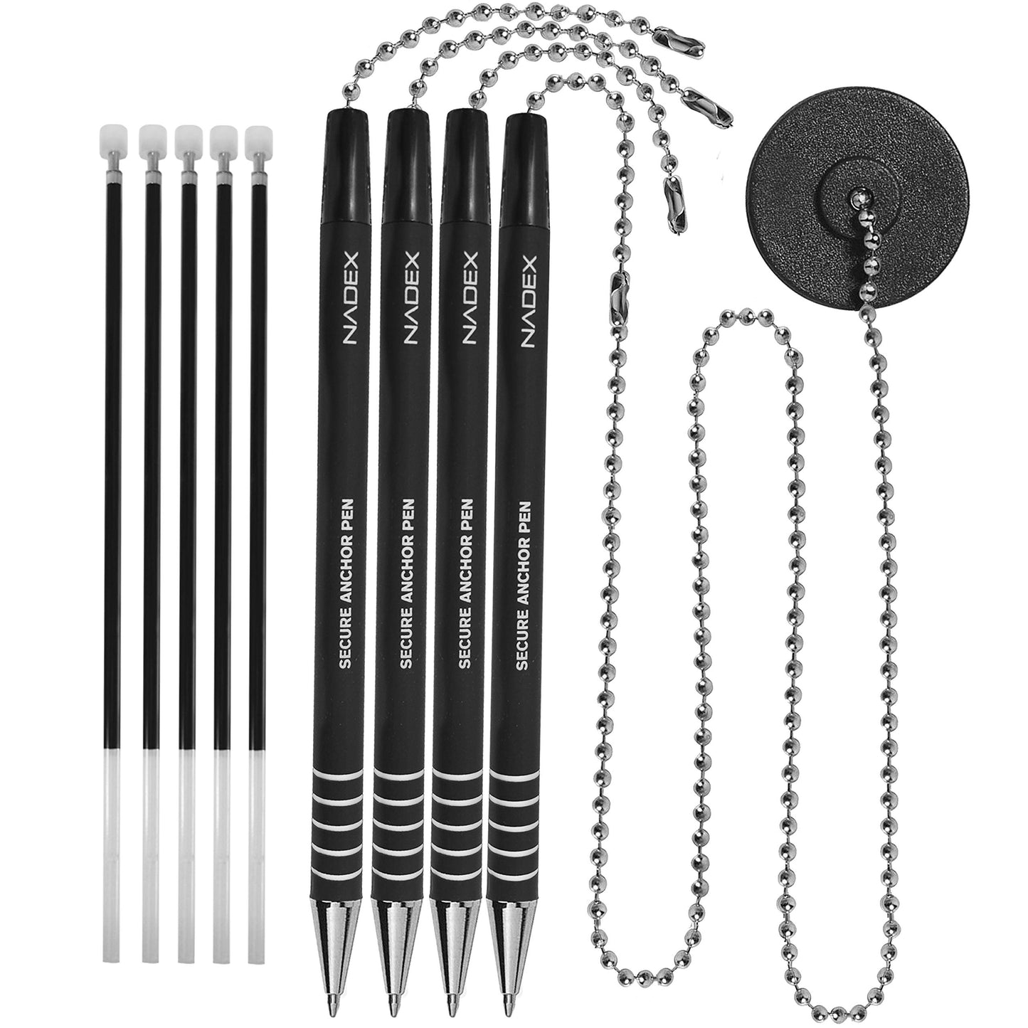 Security Chain Security Pen, 4 Pens, 1 Base, 5 refills, black