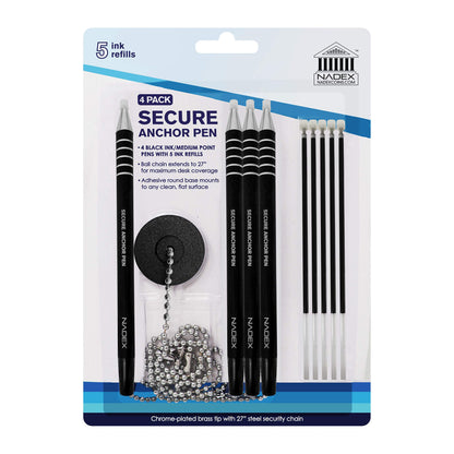 Security Chain Security Pen, 4 Pens, 1 Base, 5 refills, black