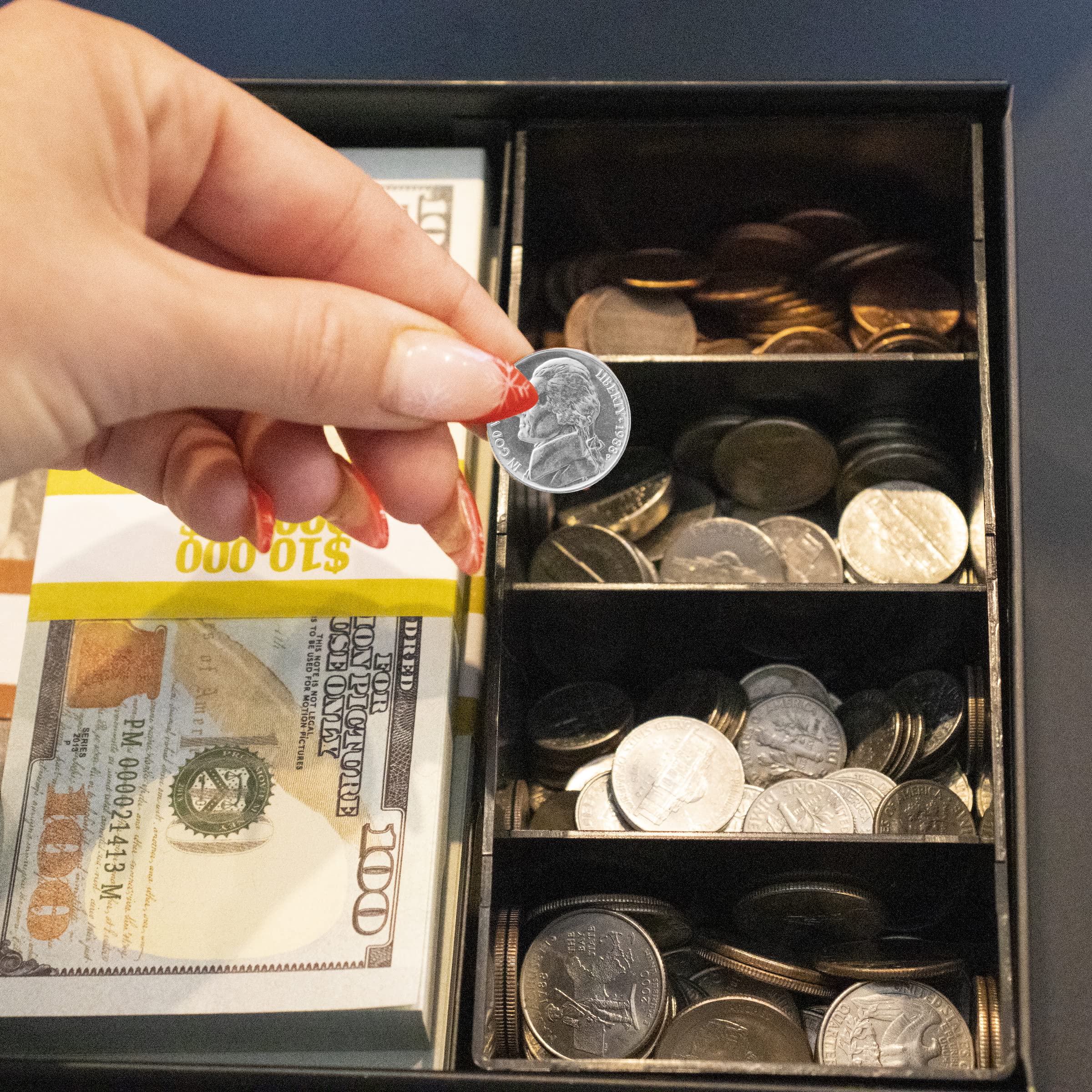 PENCK Dollar Bill Holder Metal Cash Box Money Organizer, Single Row Currency Tray Small Tin Container With Lid For Cash (Black