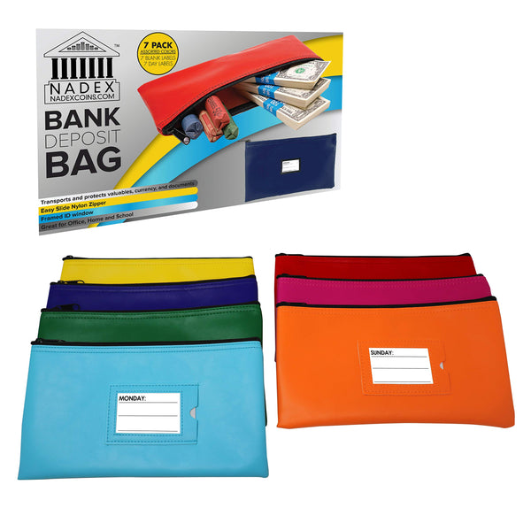 Nadex 7 day bank deposit bags multicolor set for daily cash drop organisation