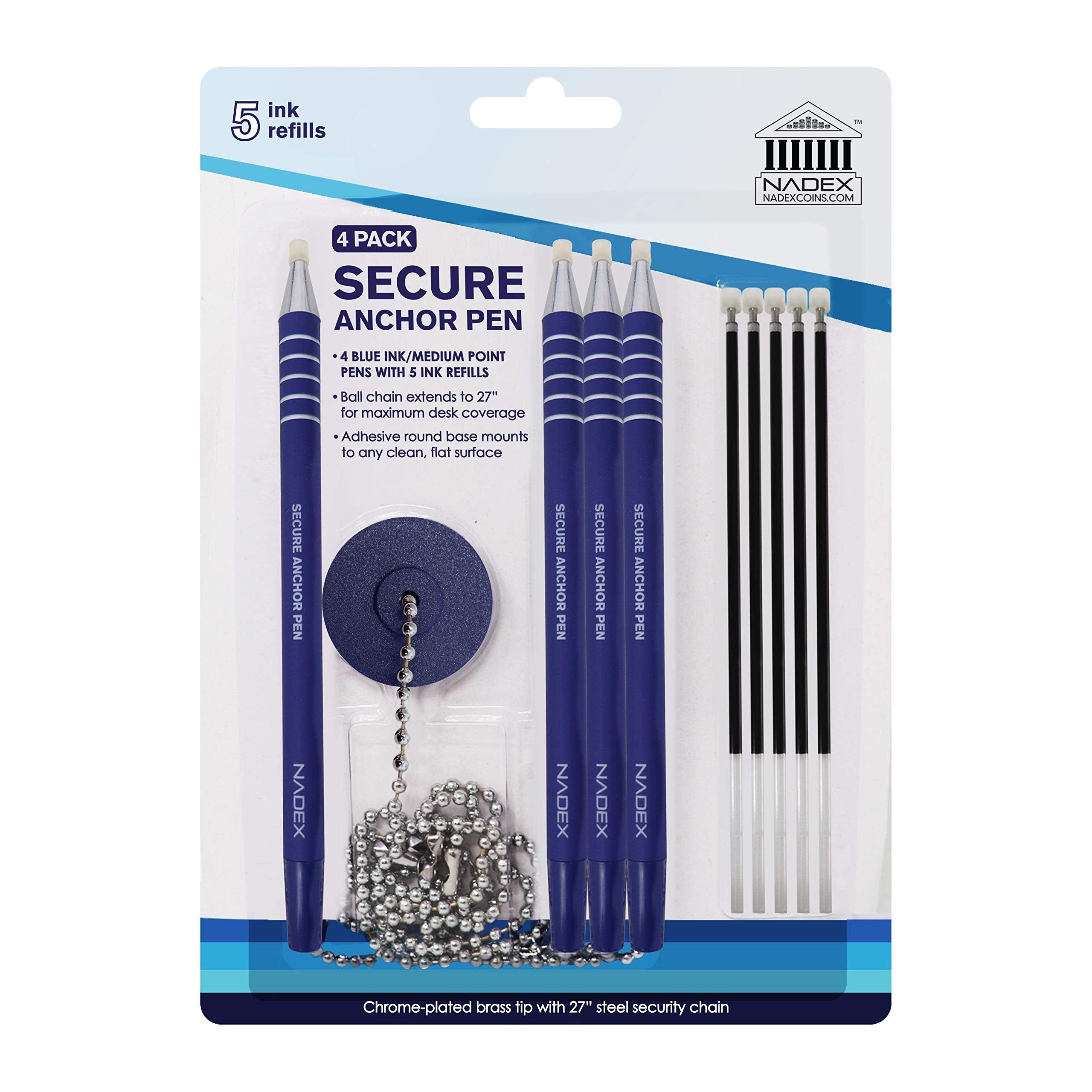 Security Chain Security Pen, 4 Pens, 1 Base, 5 refills, blue