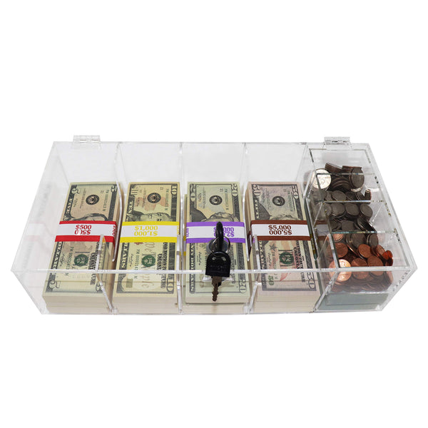 Nadex acrylic currency tray with locking cover and coin tray insert for secure cash storage