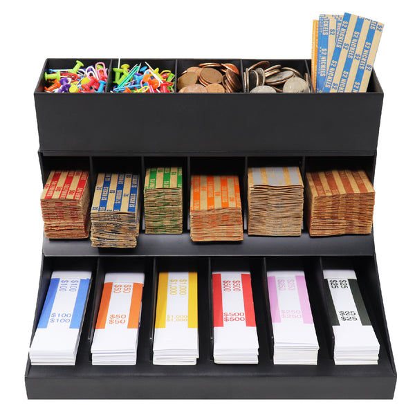 Nadex 3 tier coin and cash wrapper organizer black with sorted compartments