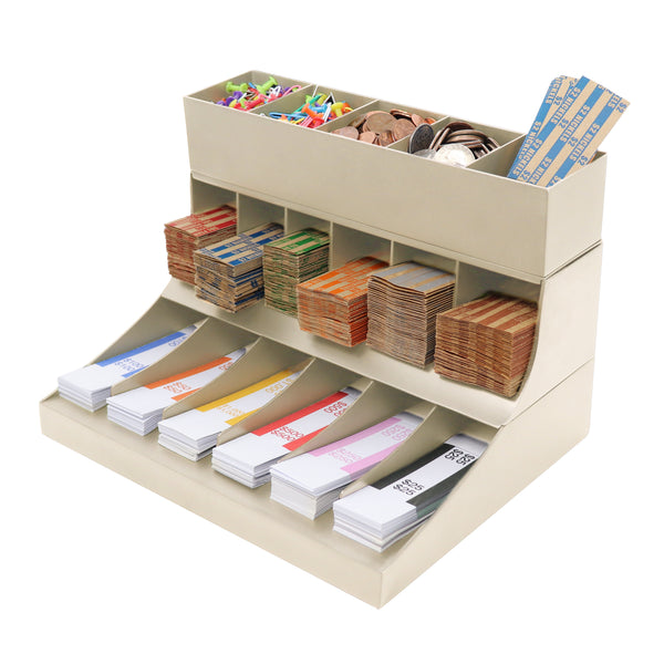 Nadex 3 tier coin and cash wrapper organizer beige with sorted compartments