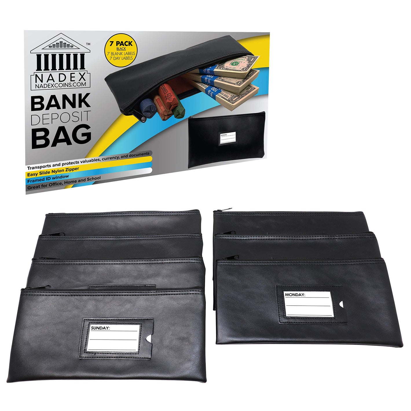 Black 7 Days Bank Deposit Cash and Coin Pouches, Black