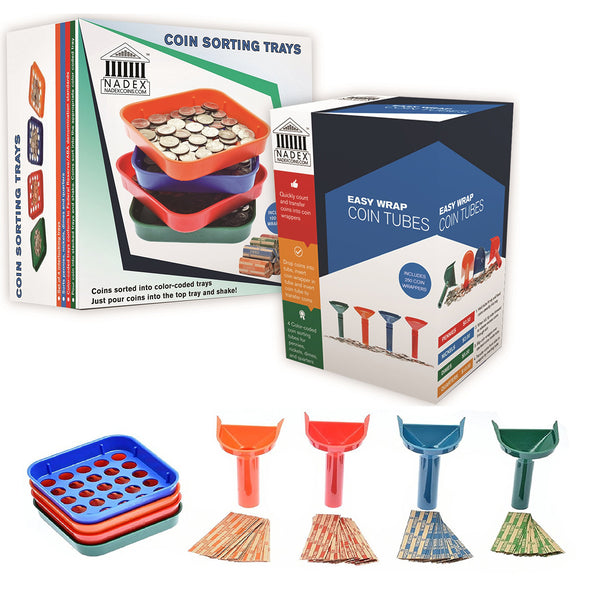 Color coded coin sorting tray and coin tubes with 350 wrappers for US denominations