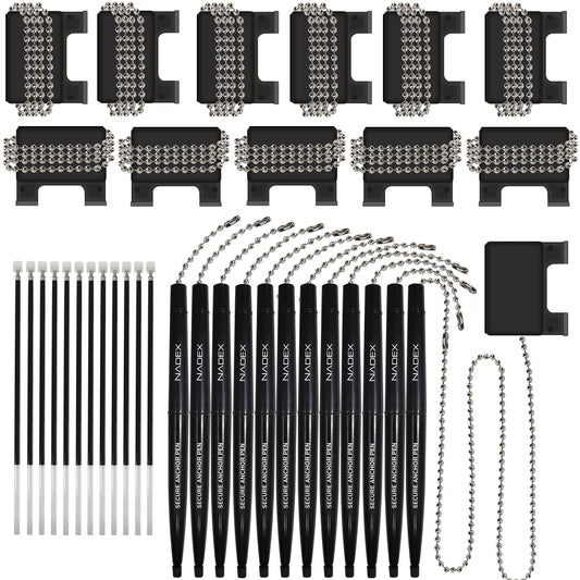 Ball and Chain Security Pen Set | 12 Pens, 12 Adhesive Mounts, and 12 Refills (Black)