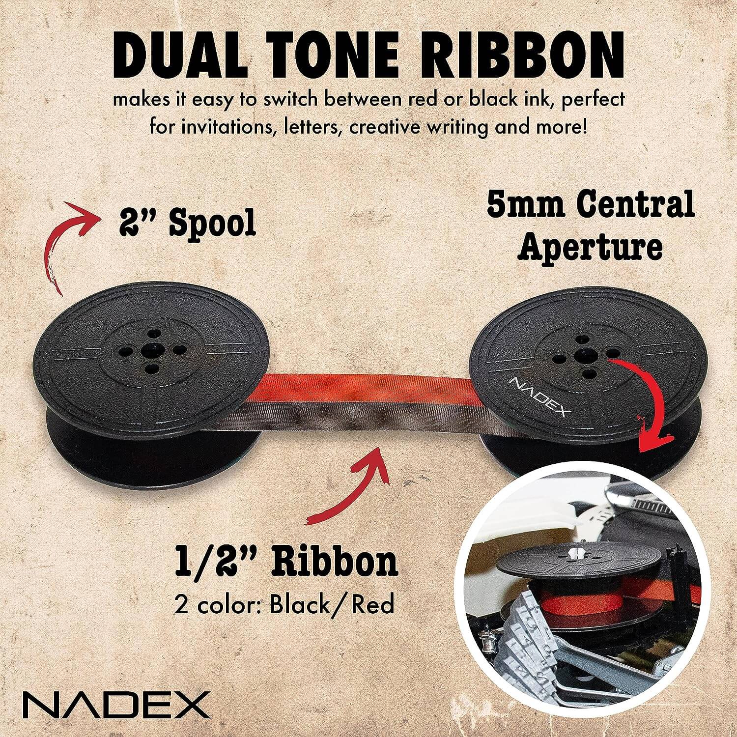 Nadex Typewriter Ribbon Twin Spool for Vintage Manual Typewriters, Red