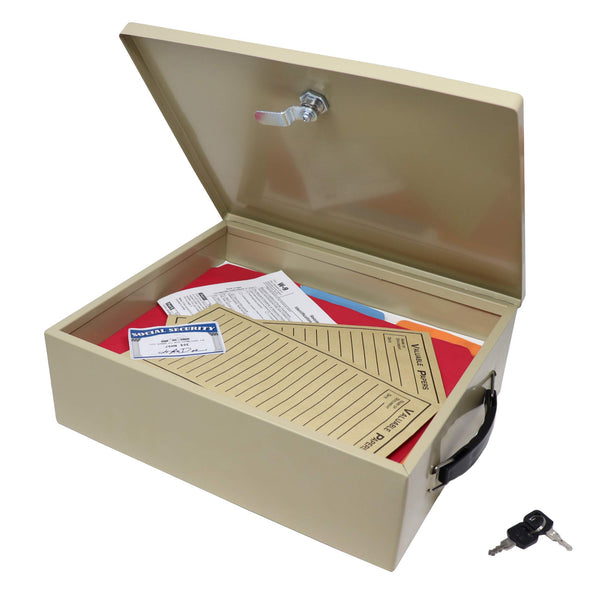 Nadex security chest with lock and keys open showing cash and coin tray