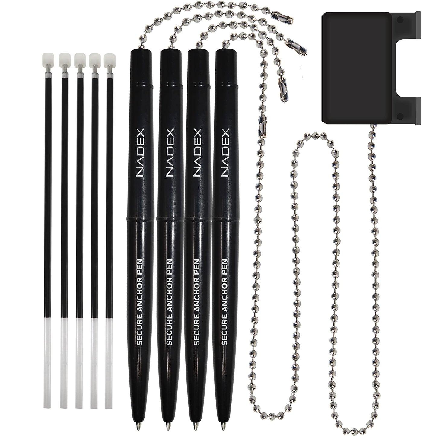 Ball and Chain Security Pen Set | 4 Pens, 1 Adhesive Mount, and 5 Refills (Black)