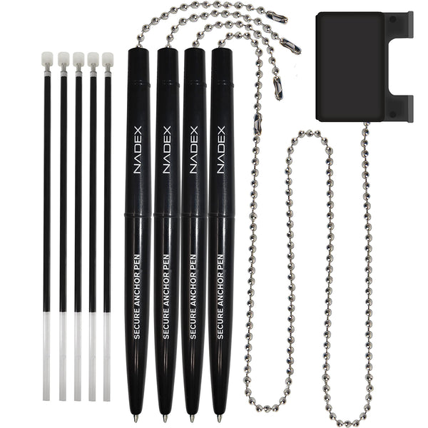 Nadex ball and chain security pen set 4 pens 1 mount and 5 refills black