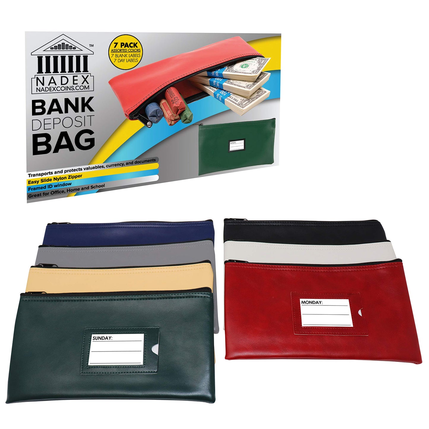 Multicolor 7 Days Bank Deposit Cash and Coin Pouches, Multicolor