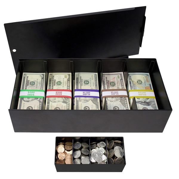 Nadex metal cash box with removable coin tray for secure cash storage