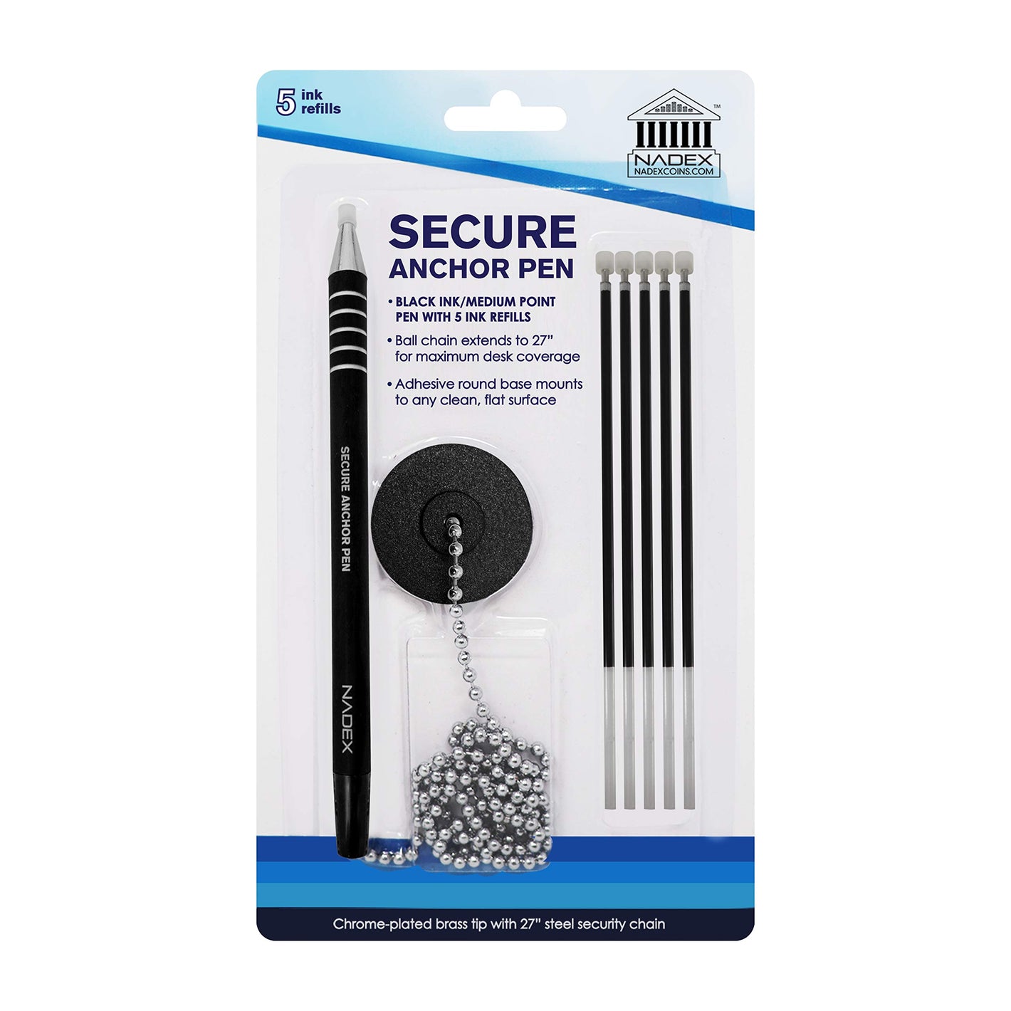 Nadex Chain Security Pen Set | 1 Pen, 1 Adhesive Mount, and 5 Refills (Black)