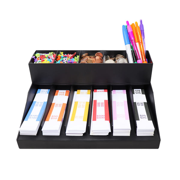 Nadex 2 tier coin and cash wrapper organizer black with separated compartments