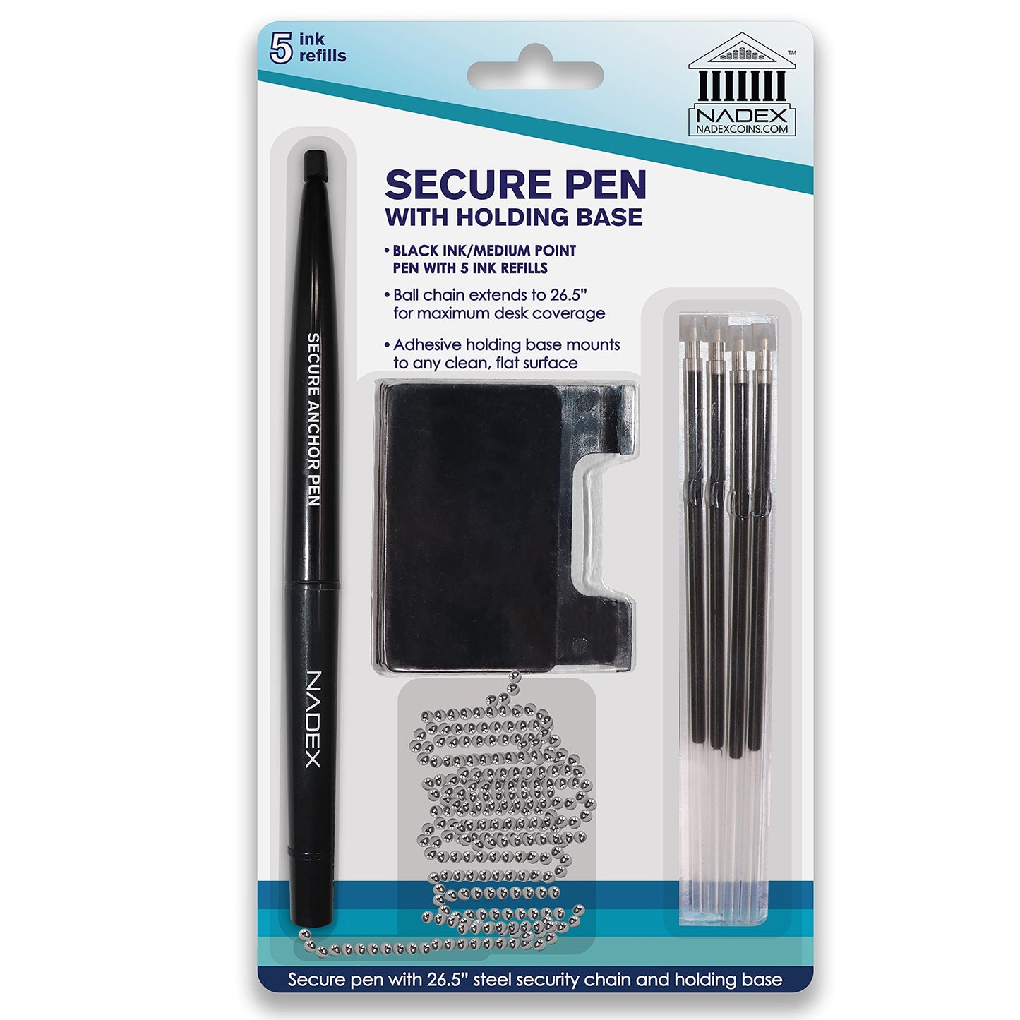 Ball and Chain Security Pen Set | 1 Pen, 1 Adhesive Mount, and 5 Refills (Black)