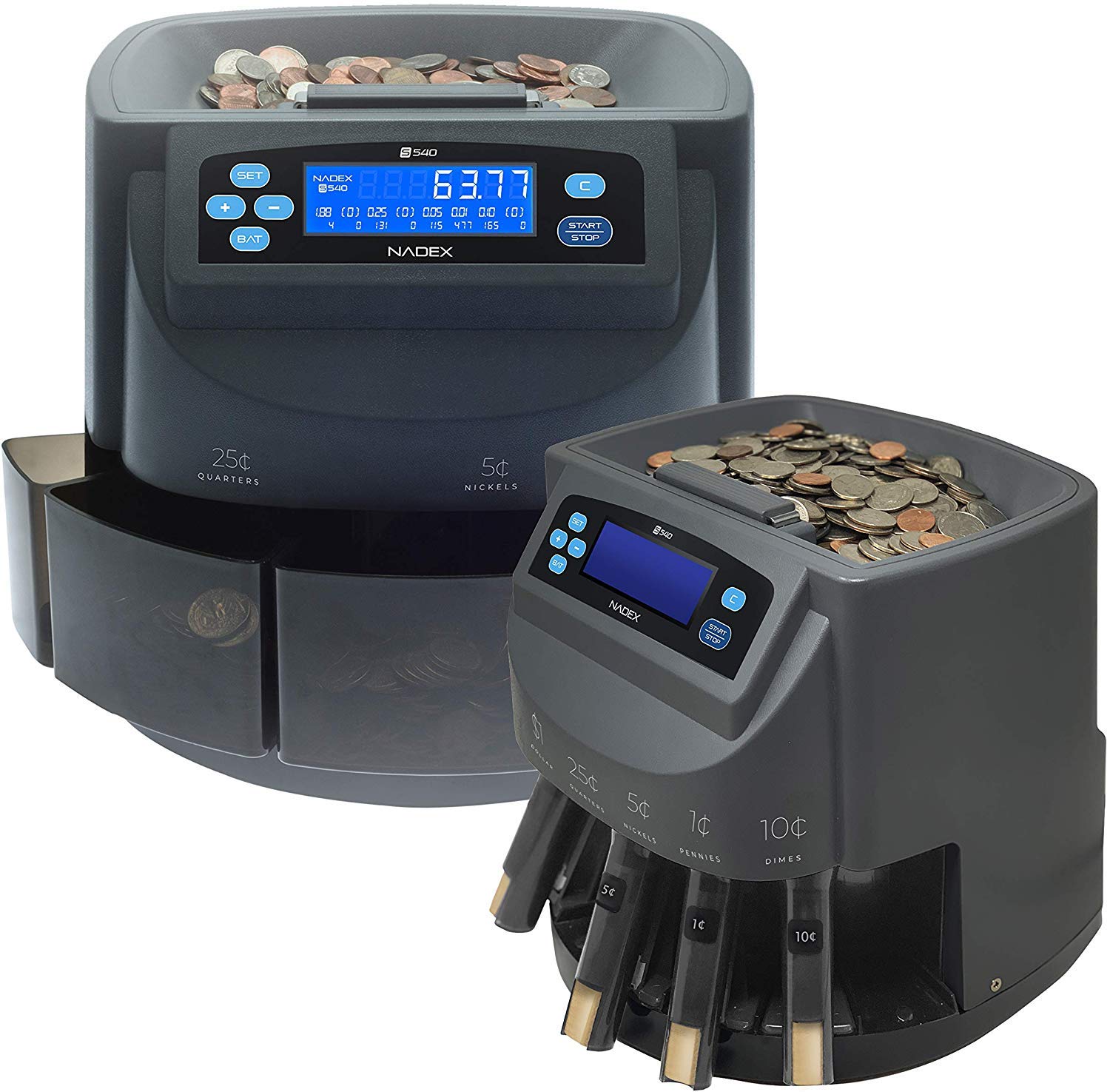 Nadex S540 automatic coin sorter and wrapper side view for small business