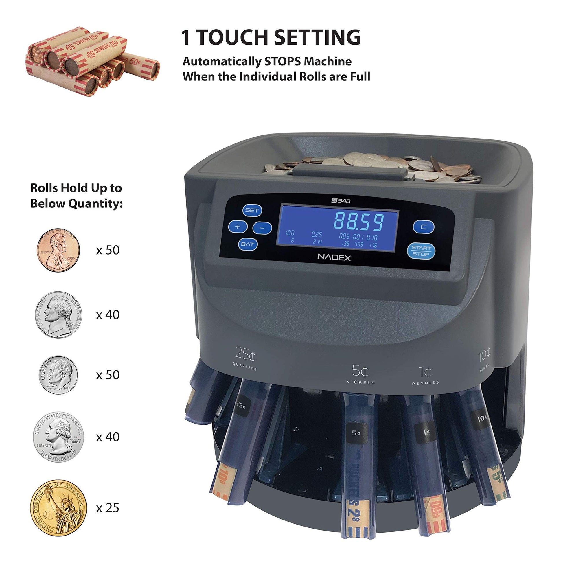 Nadex S540 coin sorter machine with full specification and feature details