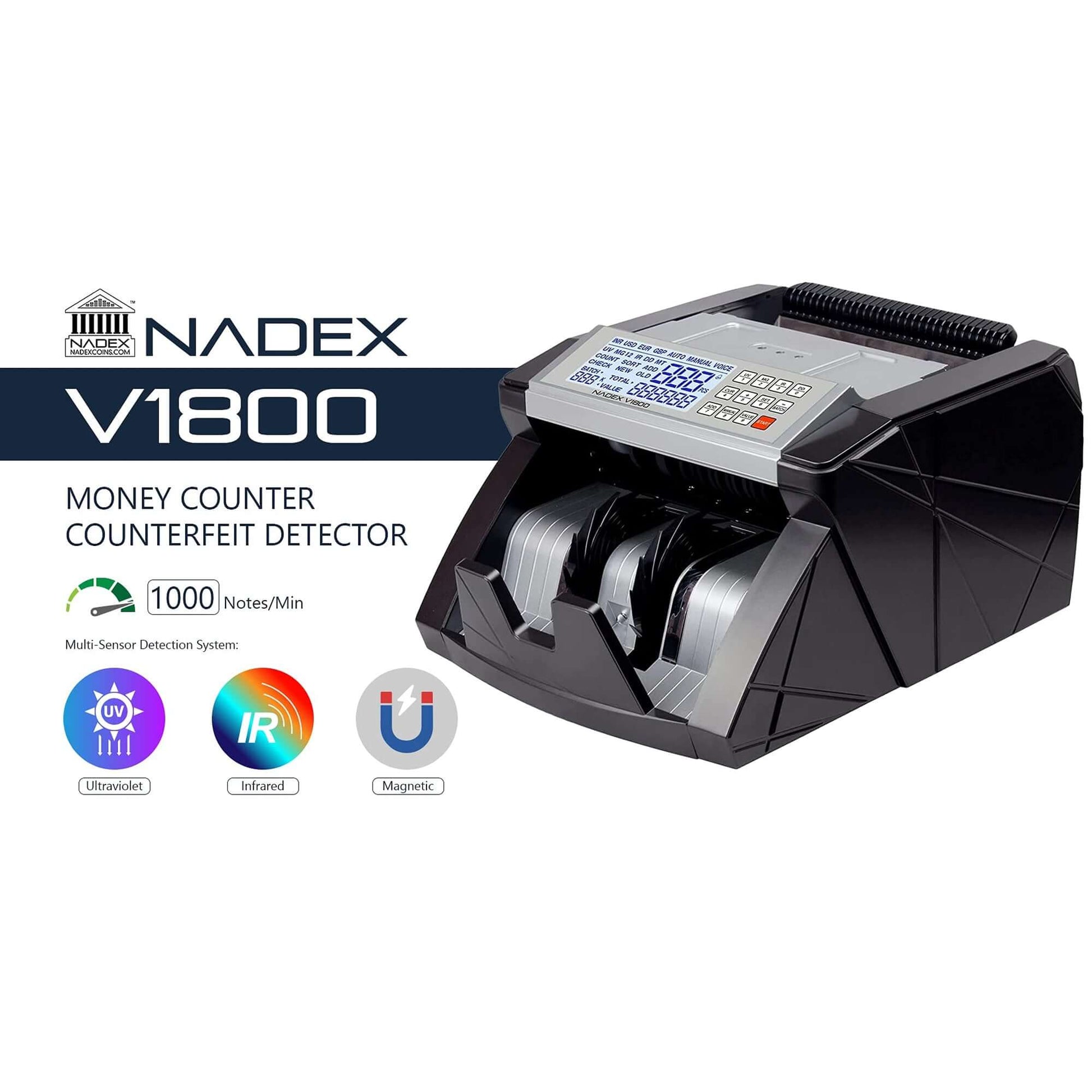 Nadex V1800 bill counter product packaging and box contents