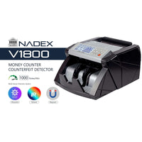 Nadex V1800 bill counter product packaging and box contents